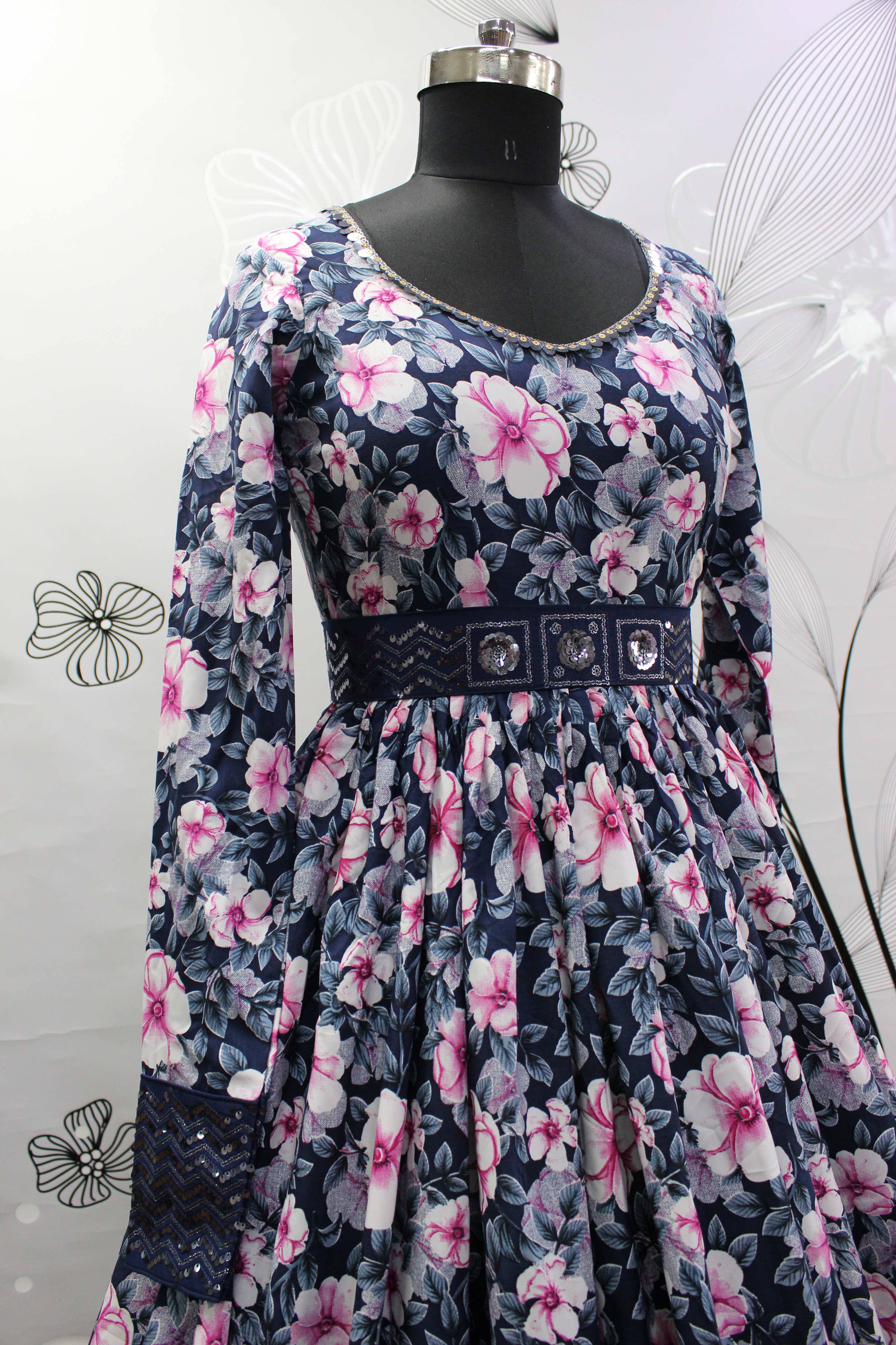 Designer dark blue anarjali style kurti with floral print all over